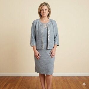 Brianna Milay Jacket Dress Set Womens 16W Artic Blue Embroidered Sequin NEW